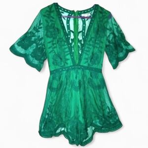 Honey Punch " As You Wish" Jade Green Lace  Romper Small  EUC